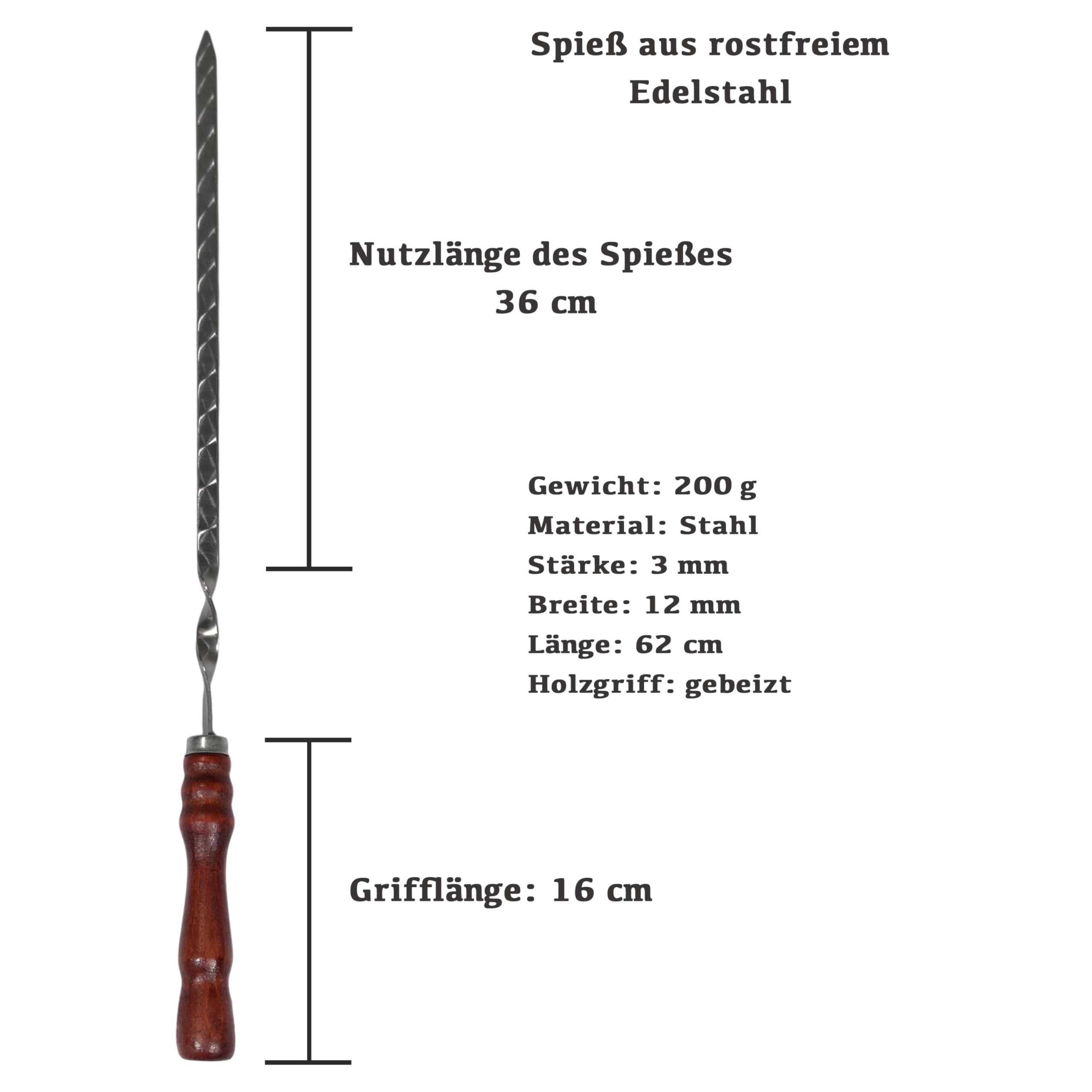 Set mit 10 Schaschlikspieße aus Edelstahl – 62 cm lange Grillspieße mit Holzgriff, rostfrei & stabil, wiederverwendbar, BBQ Spießset für Holzkohlegrill, Kebab, Gemüse & Fleisch