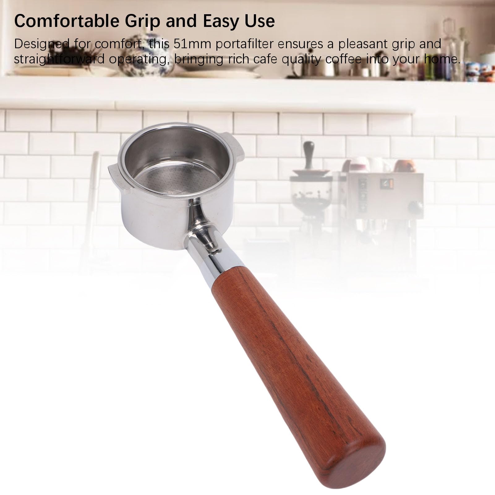 Hidyliu Portafiltro sin Fondo de 51 Mm, Acero Inoxidable con de Madera, 2 Orejas, Diseño de Doble Oreja, Apto para Universal,