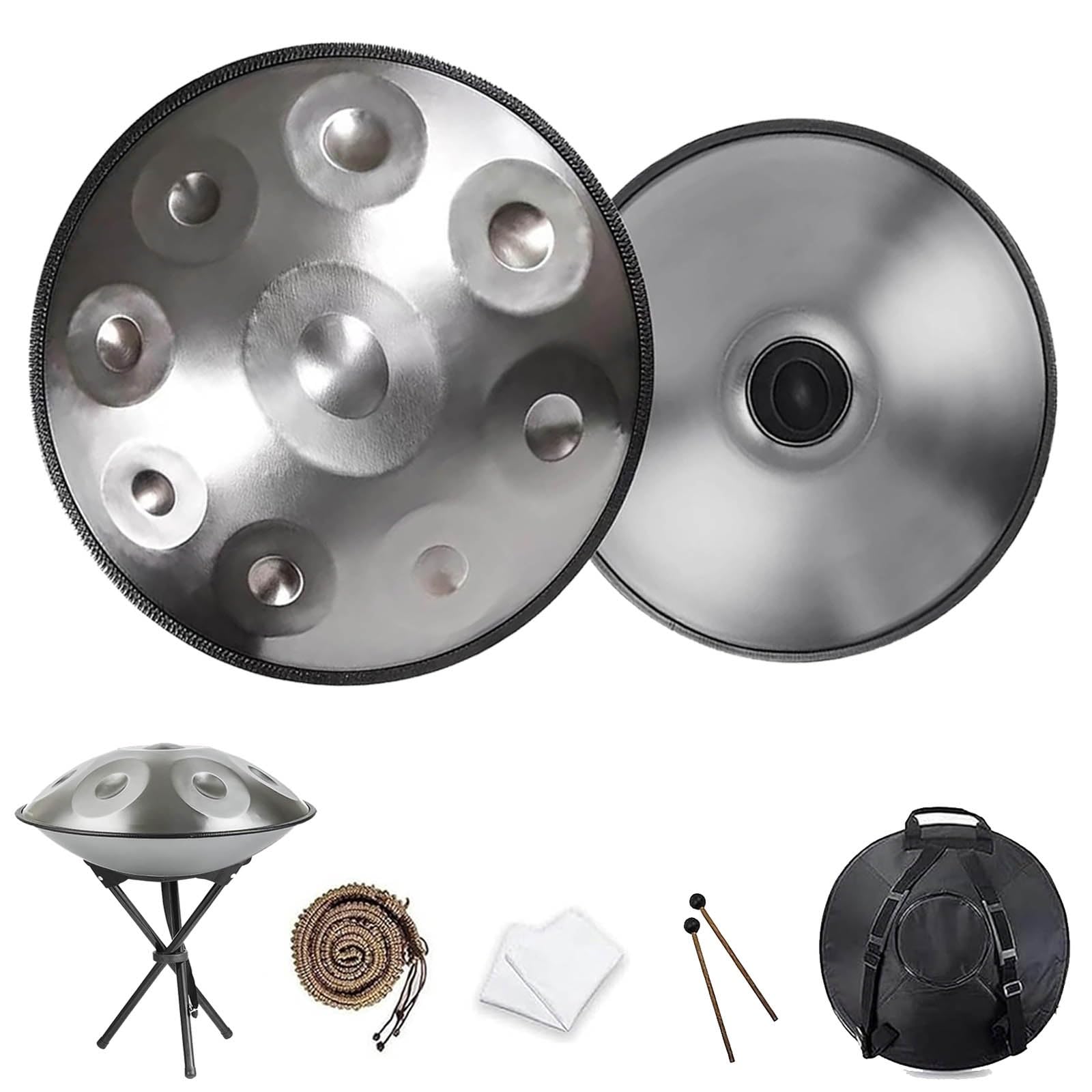 Strumento a Percussione 22 Pollici Re Minore – Handpan con 432Hz/440Hz, 9/10/12 Note, Handpan Drum con Borsa Morbida, Tamburo in Acciaio per Meditazione e Yoga(Argento,432HZ/9Note)