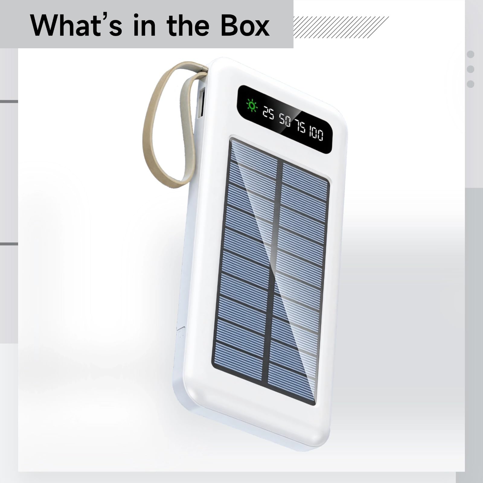 Caricatore solare da esterno da 20000 mAh, power bank di grande capacità con indicatore LED, torcia, cavi integrati, porte bianche per dispositivi multipli, certificato Fcc CE