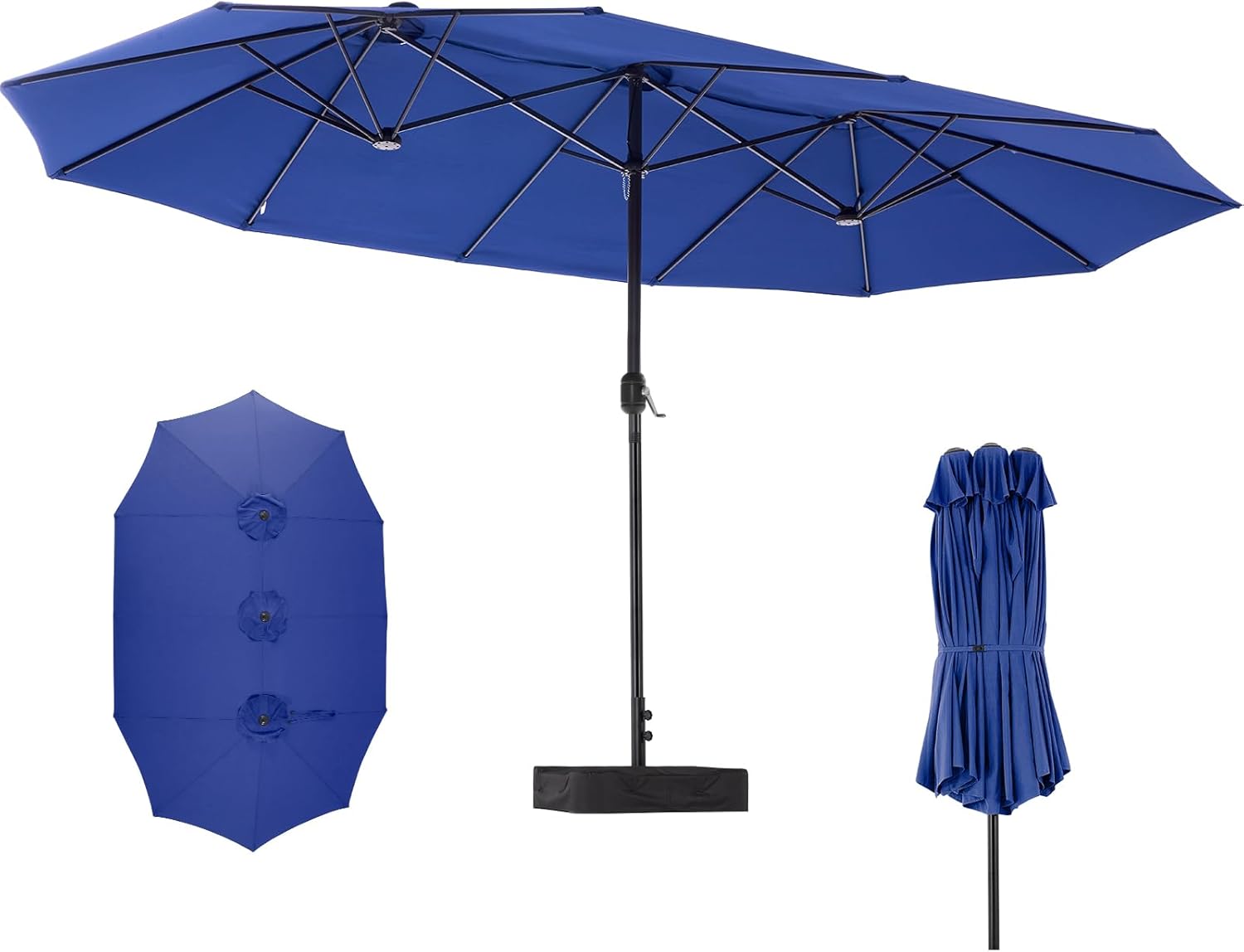DUMOS 15FT Large Patio Umbrella with Base Included, Heavy Duty Extra Wide Outside Umbrella with 12 Ribbed Bars, Rectangle Outdoor Table Umbrella for Patio, Backyard, Pool, Deck & Garden, Blue