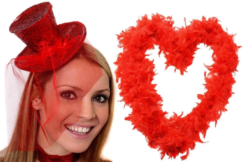LADIES TOP HAT + FEATHER BOA FANCY DRESS ACCESSORY SET COLOURED GLITTER