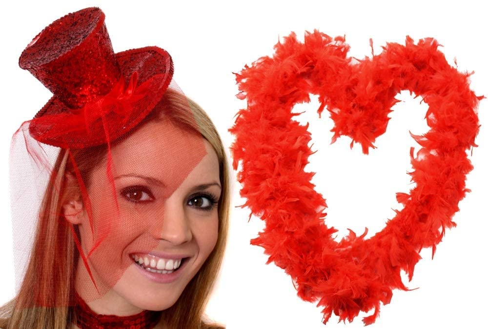 LADIES TOP HAT + FEATHER BOA FANCY DRESS ACCESSORY SET COLOURED GLITTER FASCINATOR HAT AND MATCHING COLOURED FEATHER BOA BURLESQUE HEN NIGHT (RED)
