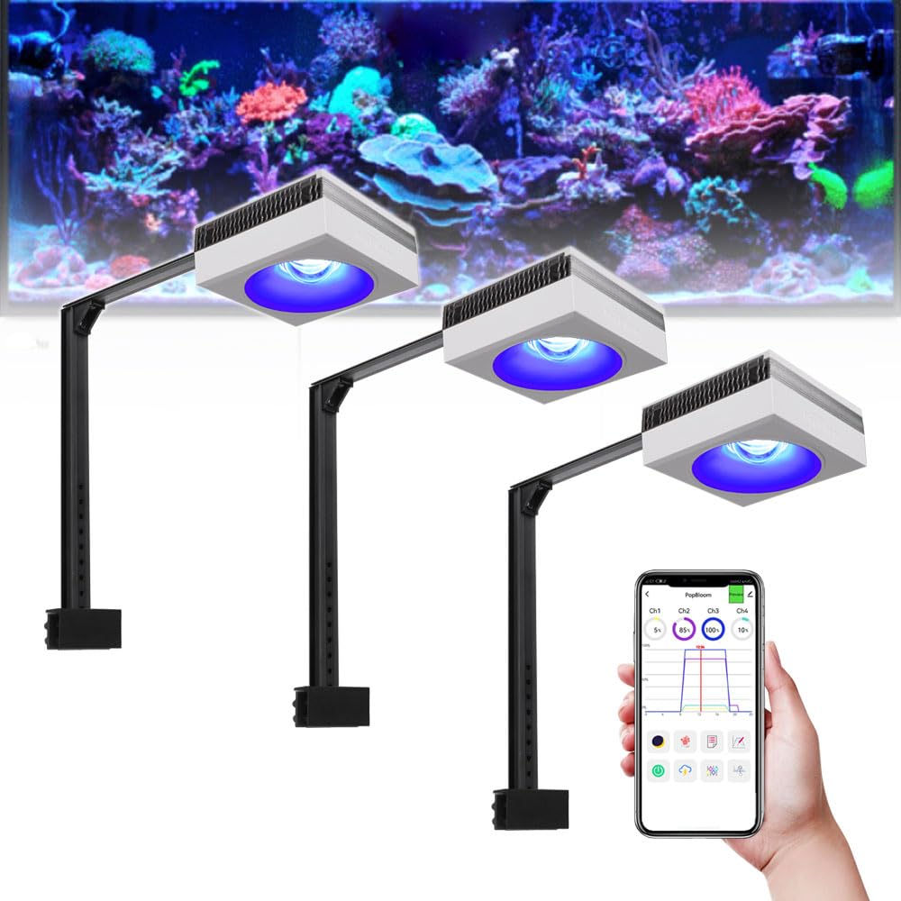 PopBloom 3 pezzi RL90 Luci a spettro completo per acquari marini e barriere coralline – con kit bracci, luci LED marine per 150 cm 60 pollici barriera corallina d'acqua salata SPS LPS