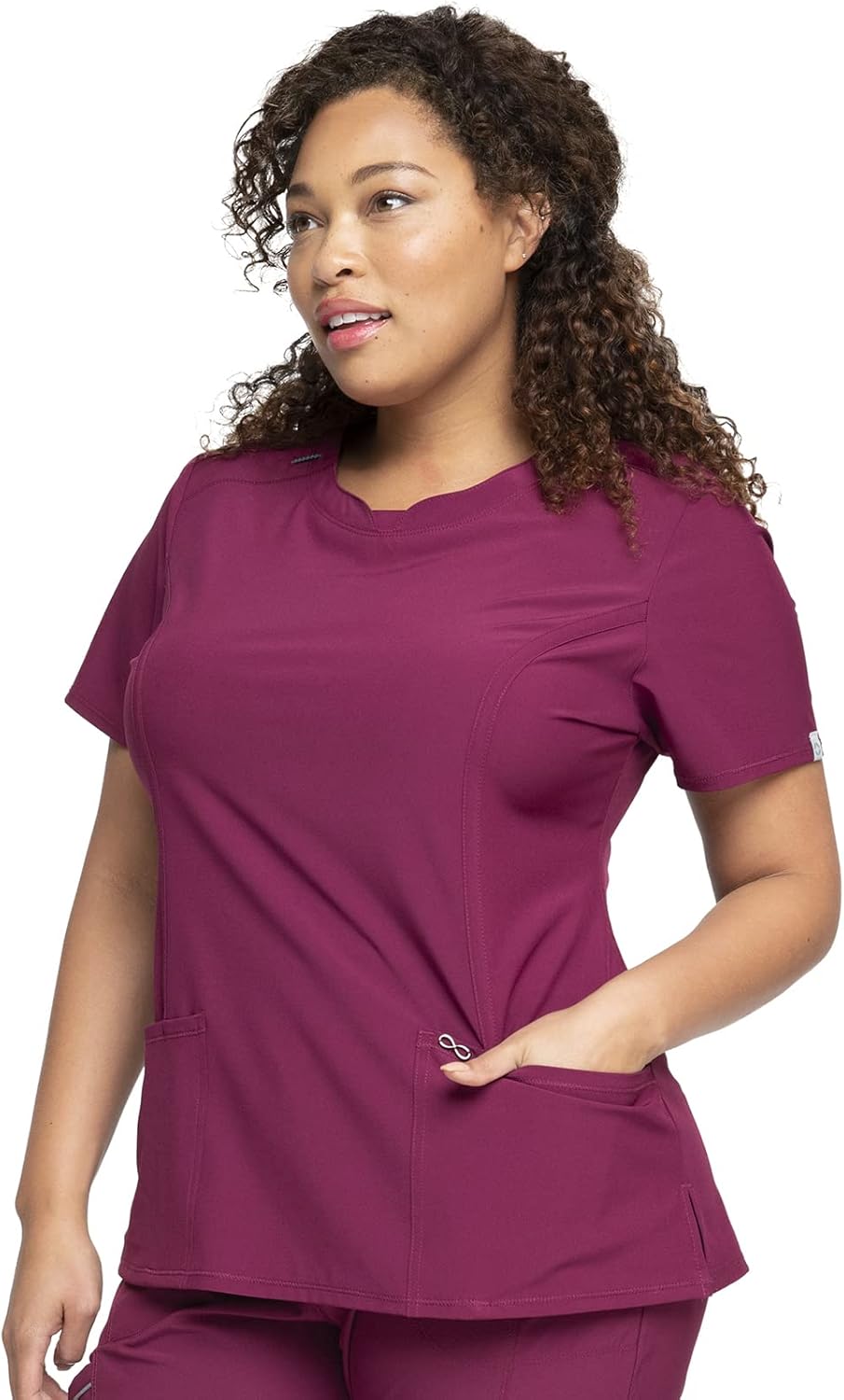 Infinity Round Neck Scrub Top for Women 4-Way Stretch 3 Pockets with Side Vents and Rib-Knit Back Panel 2624A Small Wine
