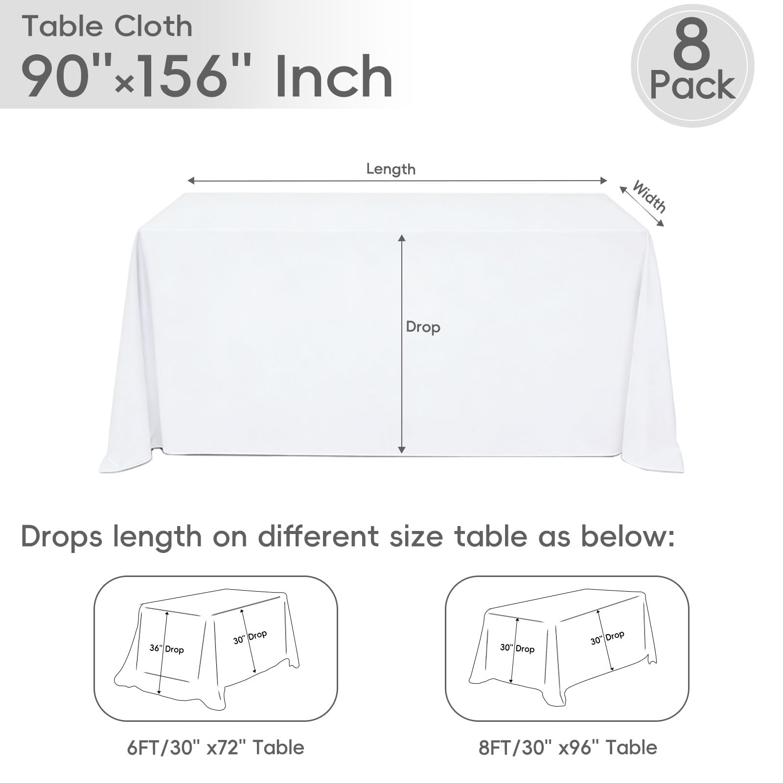 Paquete de 8 manteles de poliéster de 90 x 156 pulgadas para mesas rectangulares de 8 pies, resistentes a las arrugas, lavables, decorativos, para bodas, fiestas, banquetes, bufés y campamentos