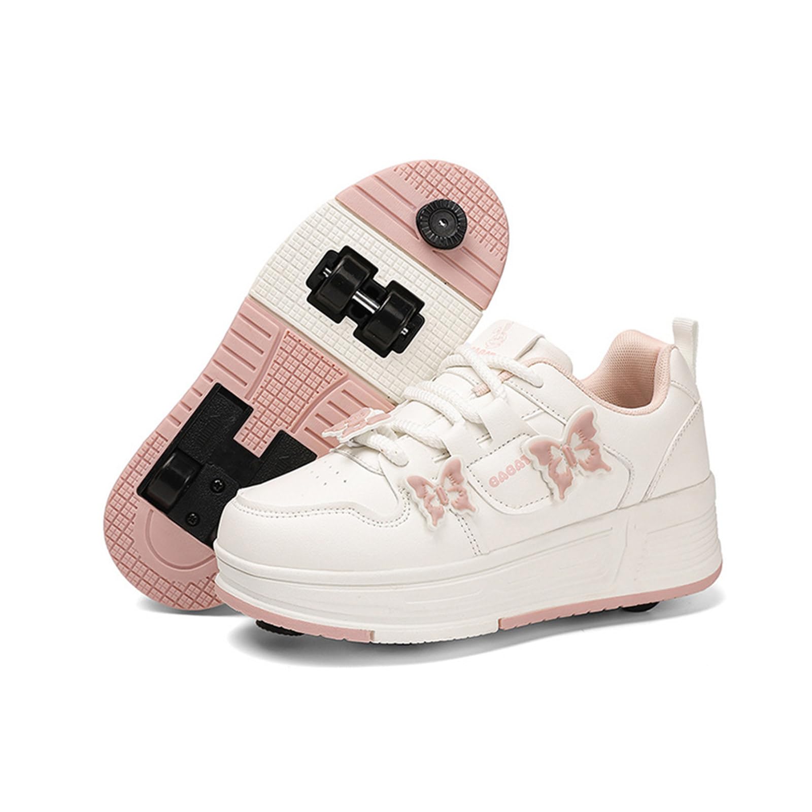 Mateju Chaussures à roulettes Fille Patins à roulettes Automatiques Rétractable Enfant avec 4 Roulette, Papillon 2 en 1 Chaussures de Skateboard Réglables Adolescents pour Femme