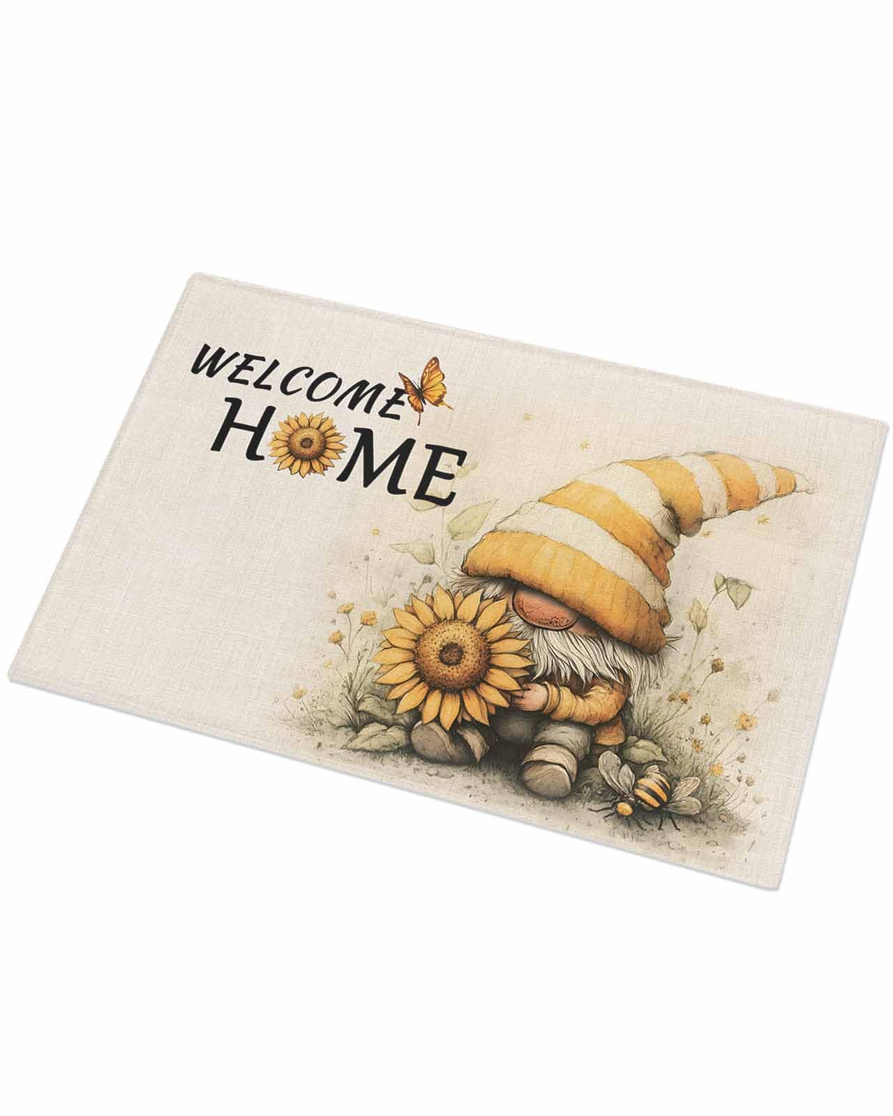 Indoor Doormat Yellow Gnome Sunflowers Bee Butterfly,Shaggy Floor Mat with Non-Skid Backing Vintage Pastoral Theme,Machine Washable Plush Area Rug Carpets for Kitchen Nursery Bedroom