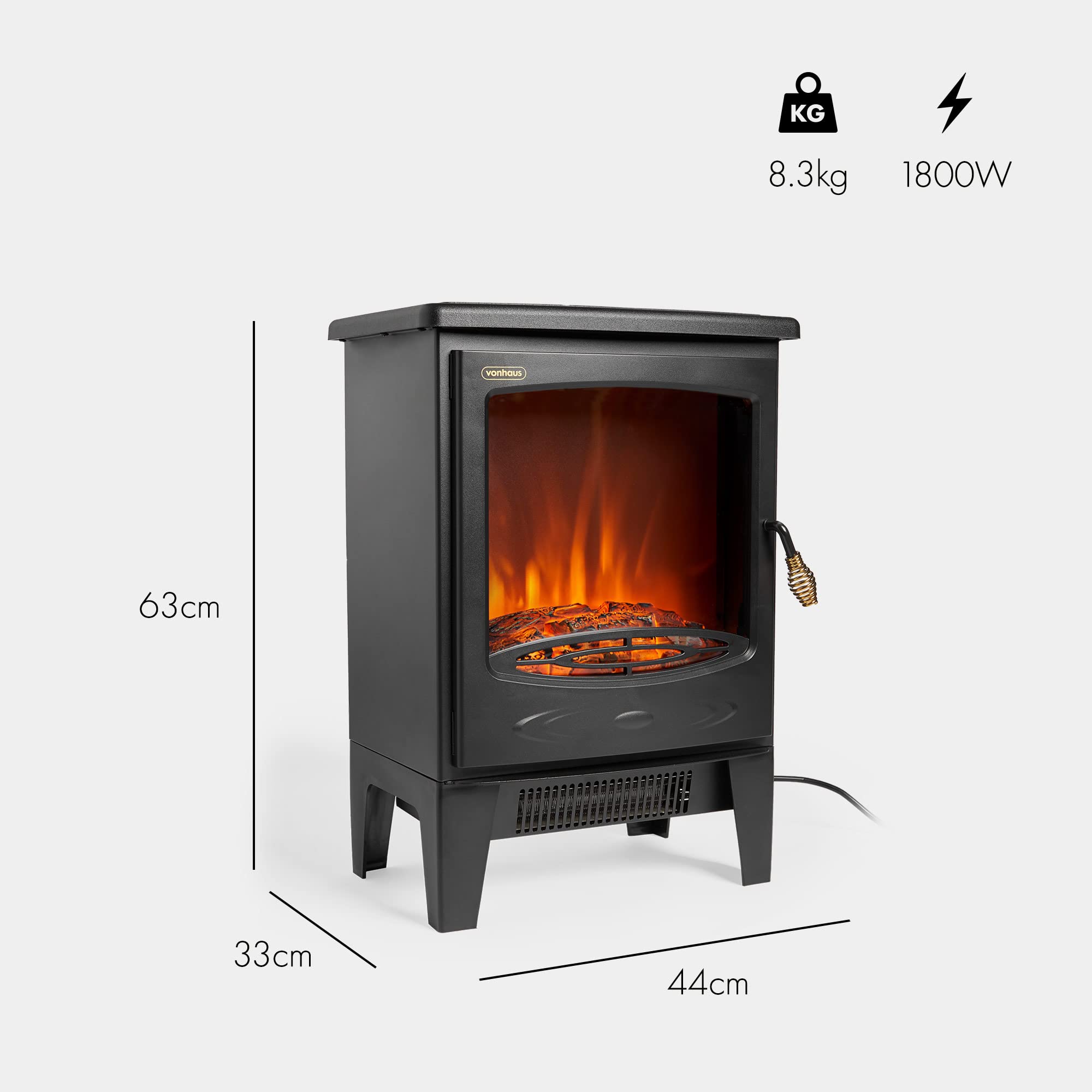 VonHaus Electric Stove Heater 1800W Fireplace with LED Log Fire Flame
