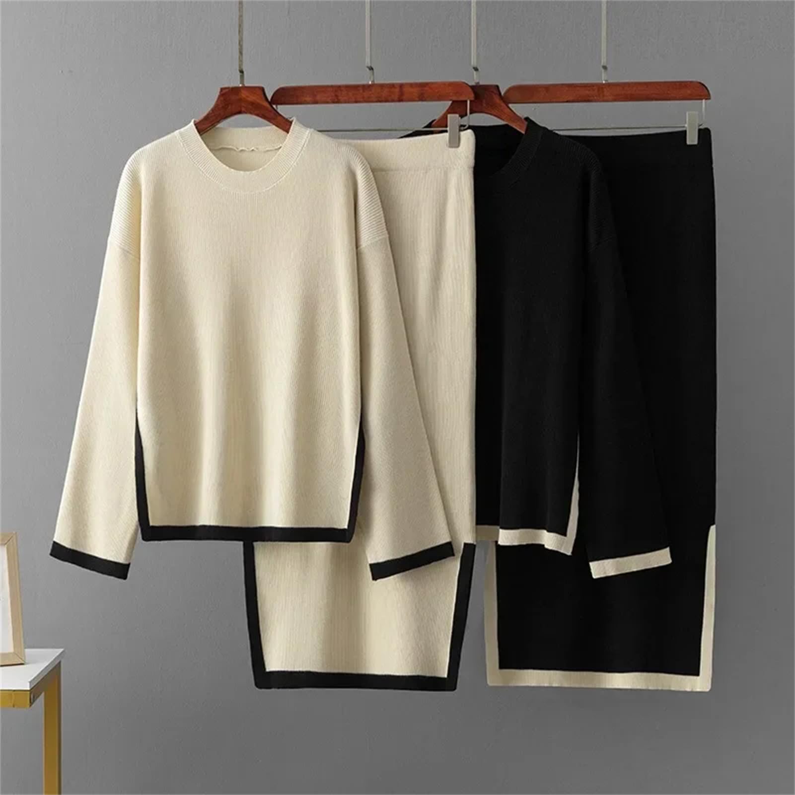 Vogrtcc Conjunto de dos piezas para mujer, suéter de manga larga con cuello redondo, falda dividida, casual, holgado, vestido largo
