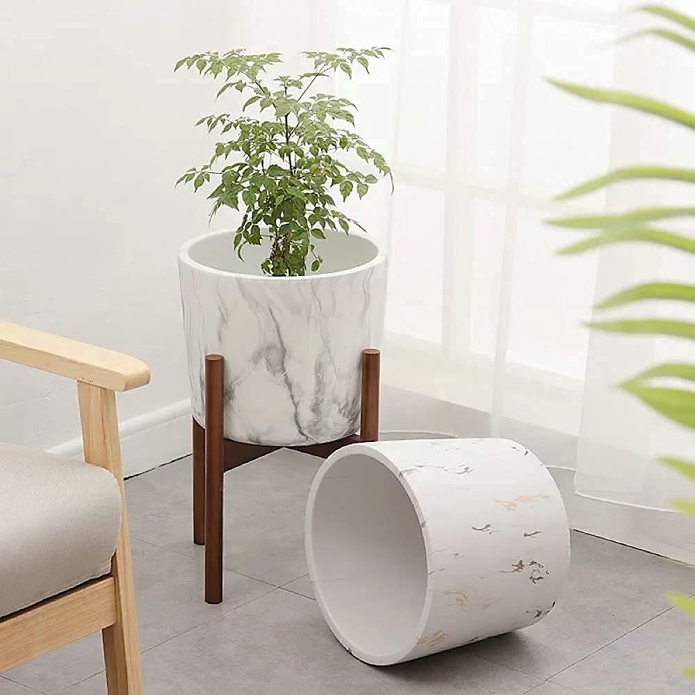 MALIYAH DECOR, Handmade Marble Ceramic Planter 9.5x11.5 Inch Large Hand Glazed Indoor Flower Pot with Drainage Hole for All Indoor Plants, Medium Size Wooden Stand Included (White & Gold Mulitcolor)