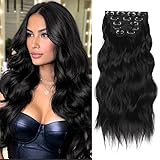 Vigorous Clip in Hair Extensions 6Pcs Black Long Wavy Hairpieces 20Inch Hair Extensions Clip Ins Soft Synthetic Hairpieces for Women (Black)