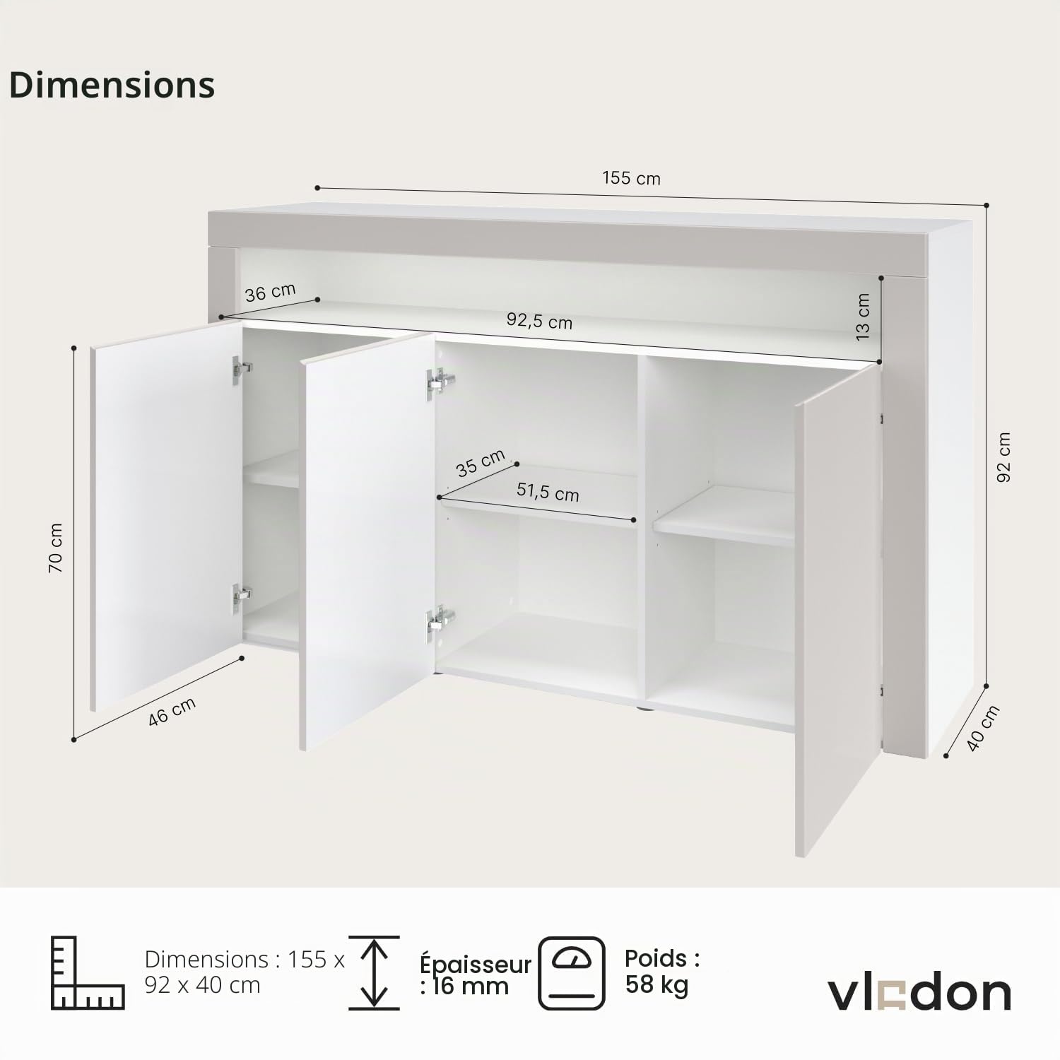Vladon Buffet Valencia, Commode avec 3 Portes et 1 Compartiment Ouvert, Blanc Mat/Aspect béton oxyde/Aspect béton oxyde (155 x 92 x 40 cm)