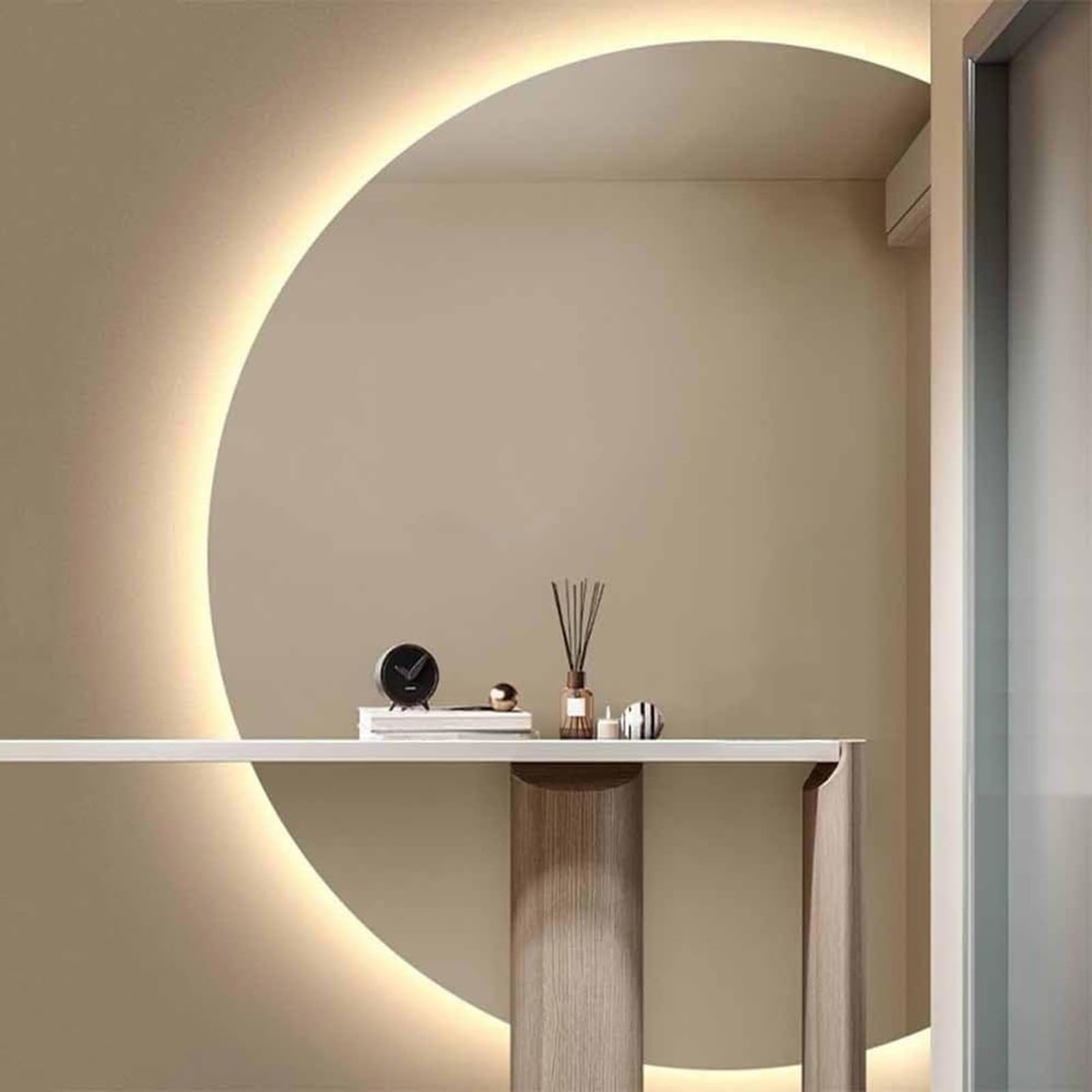 SXFSDOU 47x32in Half Moon Backlit LED Bathroom Mirror, 39x28in Frameless Makeup Mirror with Light, 3 Color Defogger Explosion-Proof Touch Switch(Right Cut,130x90cm/51x35in)