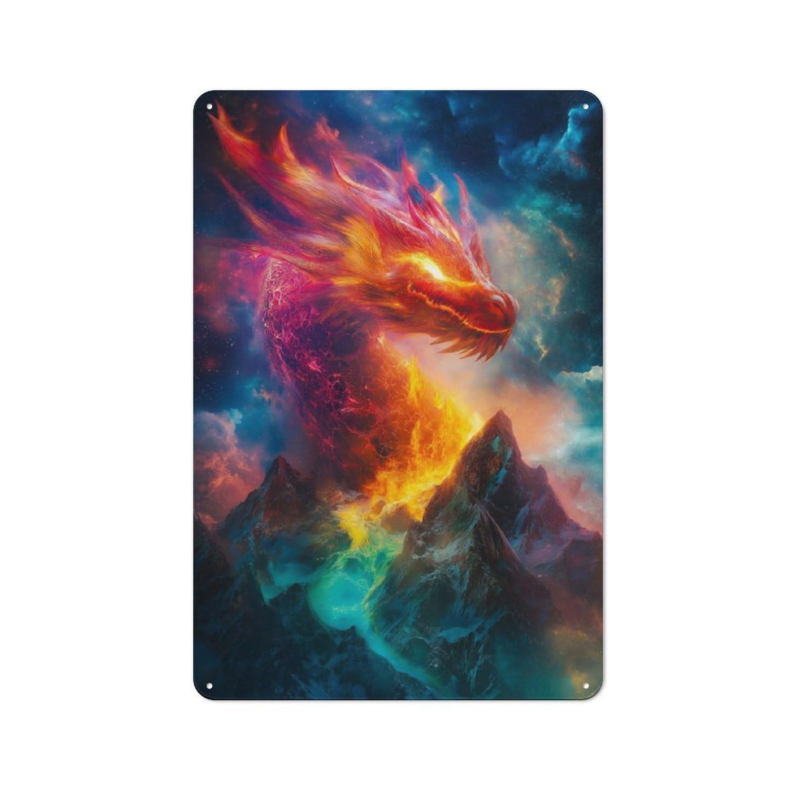 Junmoney Fiery Dragon Over Mountains Tin Sign 30X20cm With For Garage Wall, Retro-Style Decor, For Vintage Wall Decor Fans, For Metal Sign Collectors