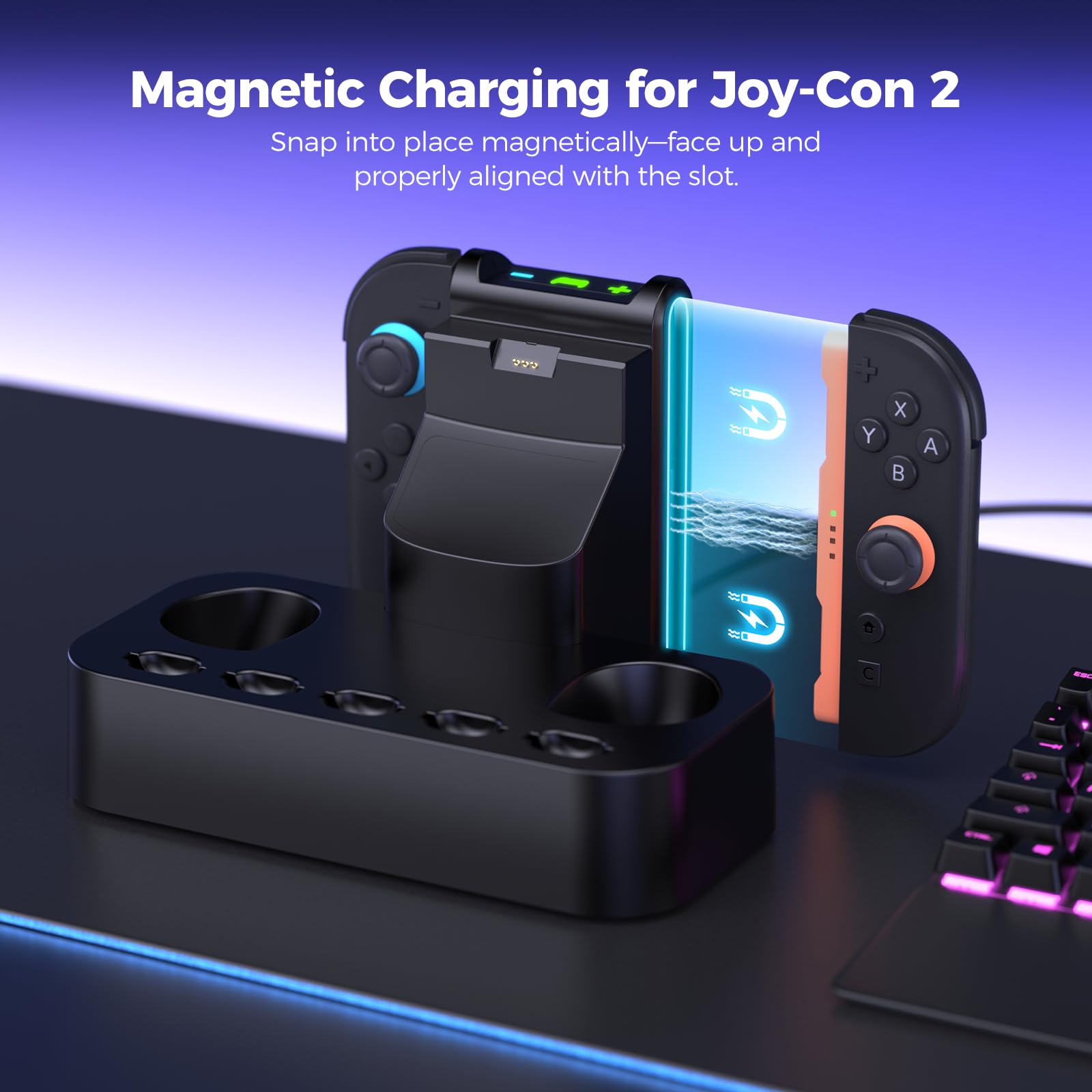 NEWDERY Stazione di ricarica controller per Nintendo Switch 2, stazione di ricarica magnetica rapida Joy con 5 giochi di stoccaggio spazio e indicatore LED, base antiscivolo