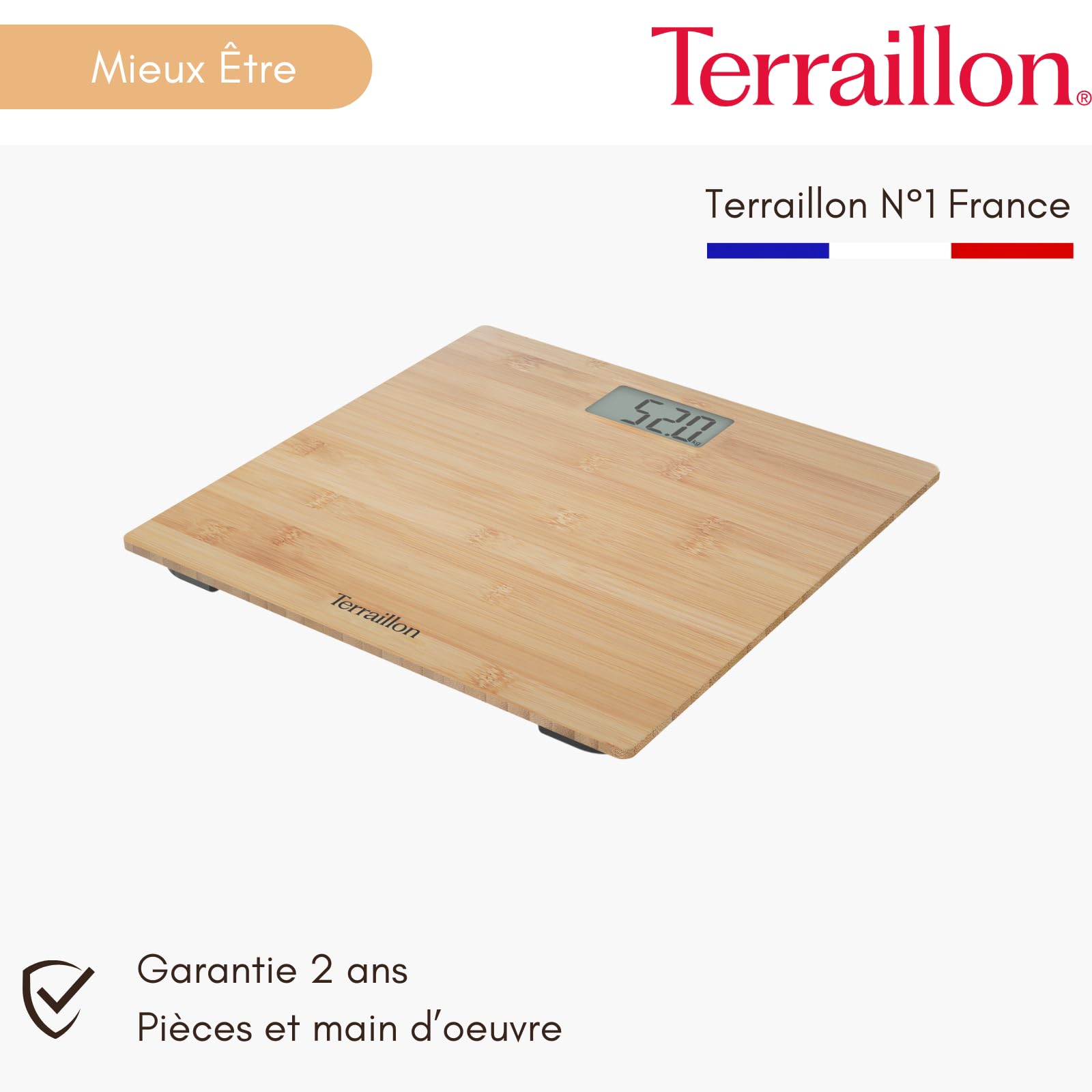 TERRAILLON - BAMBOO - Pèse personne électronique, Plateau Pur Bambou Ultra-plat, Ecran LCD, Capacité 150Kg, graduation 100g, Bambou