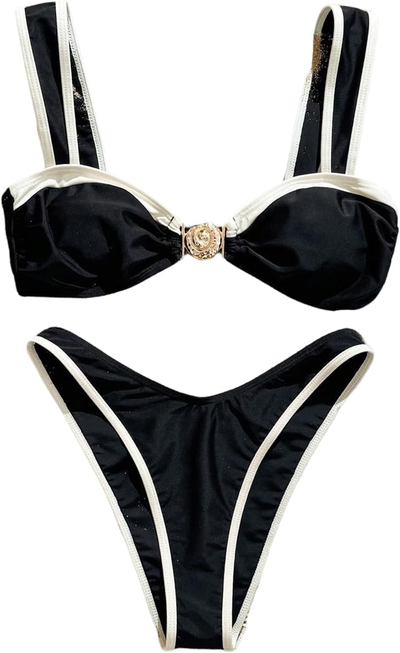Floerns Women's Elegant High Cut Bikini Sets Cheeky Thong Brazilian Two Piece Bathing Suit