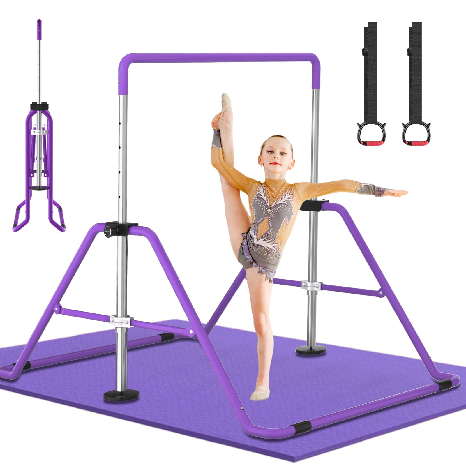 DOBESTS Barras de Gimnasia para el hogar, Equipo de Gimnasia para niños, Ajustable, para Entrenamiento en casa, Barra de Gimnasia para niños de 3 a 7 años (Barra Horizontal Morada con Relleno)