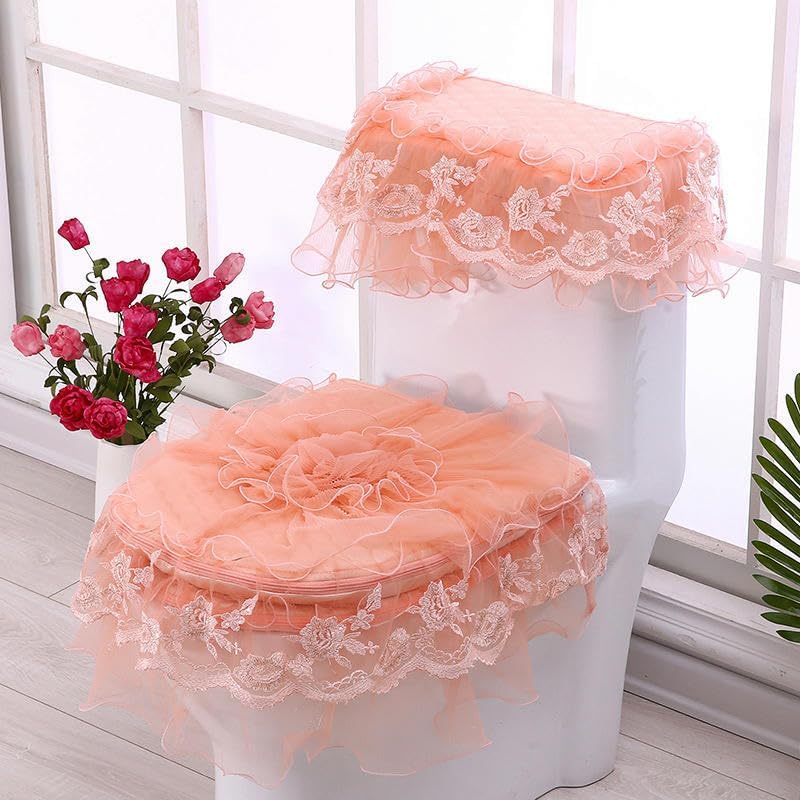 Toilet Lid Cover Set,3pcs/Set Lace Embroidery Red Pink Flower Soft Toilet Lid & Tank Covers Toilet Seat Cover Pads Toilet Seat Cushion Pads Zipper -Typ(Roze)(Roze)