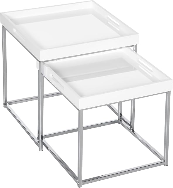 HOMCOM High Gloss Coffee Table Set of 2, Square Nest of Tables with Steel Frame for Living Room, White