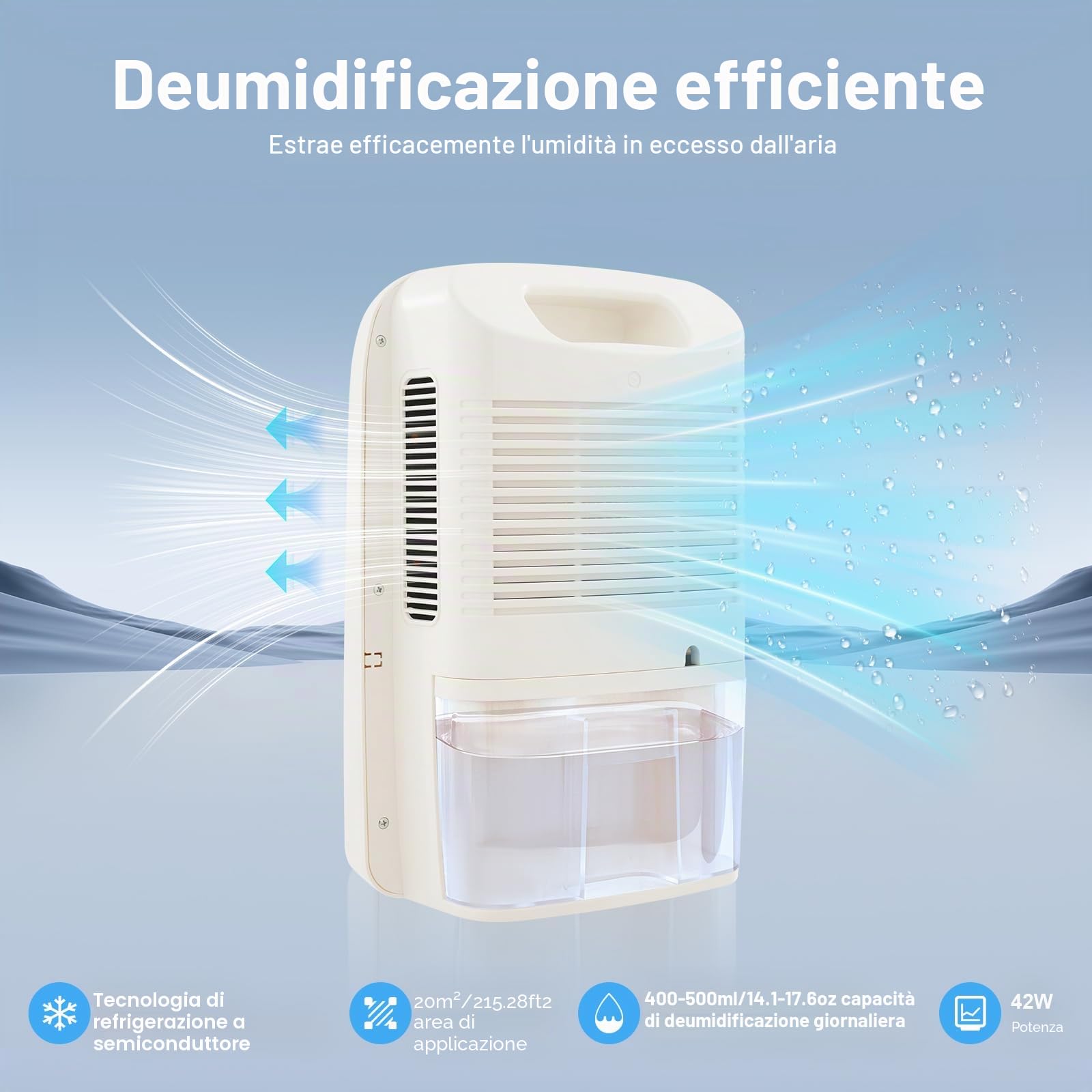 Deumidificatore elettrico con tubo di scarico, serbatoio dell'acqua da 2,5 l, deumidificazione dell'aria silenziosa, asciuga ambienti fino a 500 ml al giorno