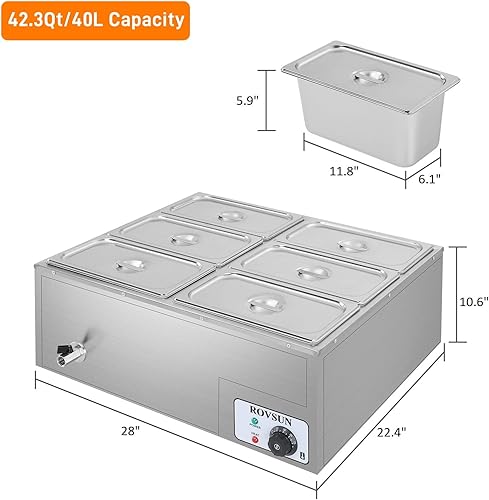 Miniatura 5 de ROVSUN Calentador eléctrico de alimentos comerciales de 42.3 cuartos de galón, 6 bandejas, 110 V de acero inoxidable Bain Marie, mesa de vapor de