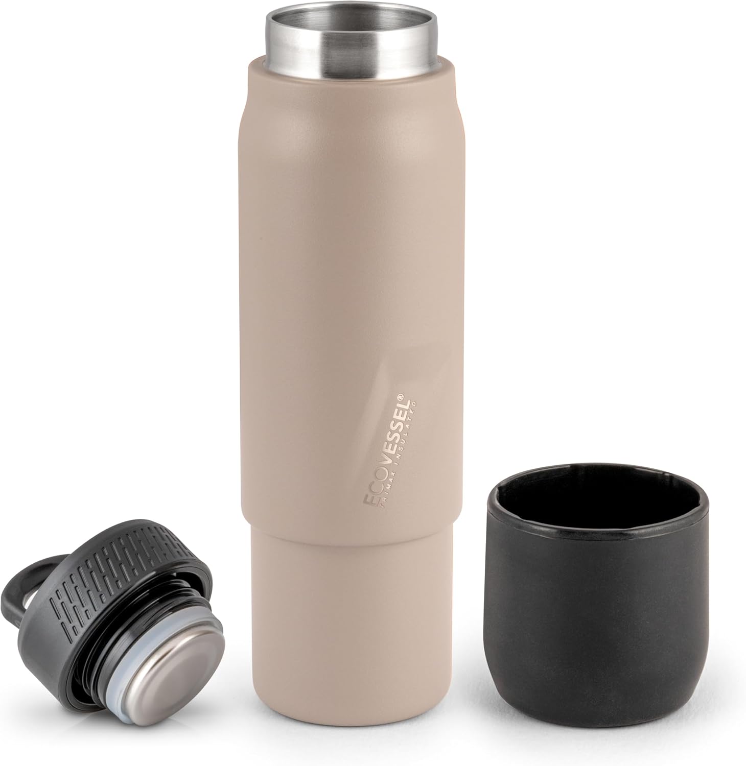 EcoVessel Stainless Steel Flask with Removable Shot Cup, Vacuum Insulated Bottle for Hot and Cold Drinks, Thermos with Folding Handle for Travel and Camping, 8oz (Stone)