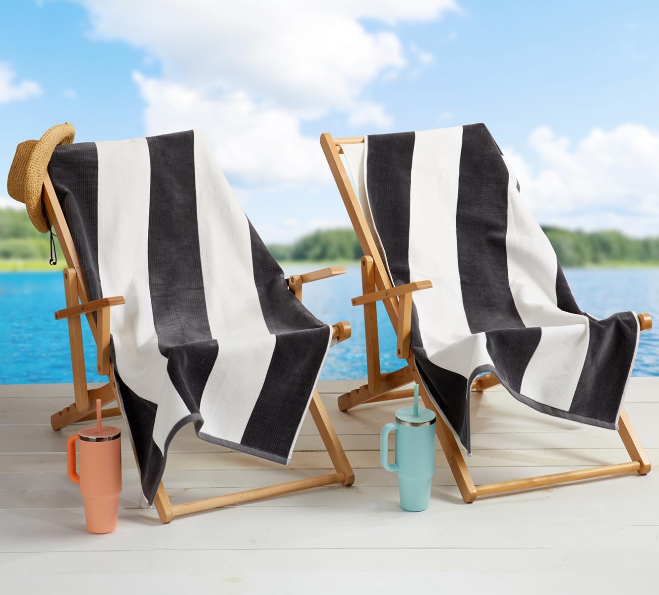 Loon & Lake Sand Resistant Beach Towels | Waffle Weave Reverse to Plush Velour Block Stripe | Oversized 40" x 70" | Crafted from 100% Combed Cotton | Wolfeboro Collection - Grey - Image 7