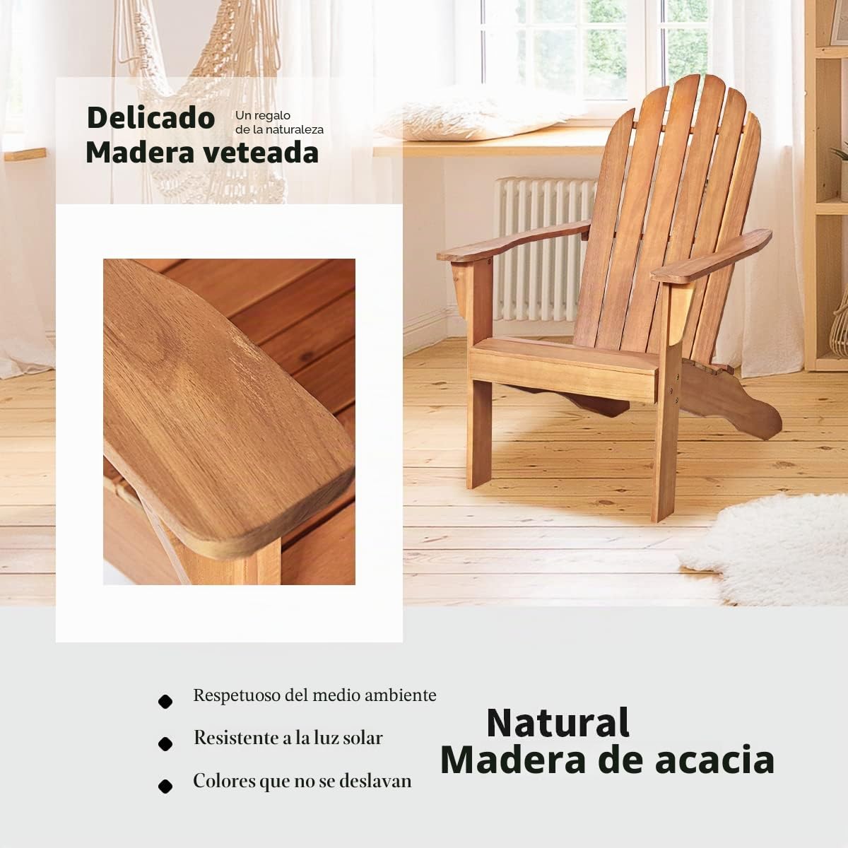 RELAX4LIFE Silla Adirondack de Madera de Acacia con Respaldo Inclinado y Reposabrazos, Silla de Terraza de Estilo Rústico, Tumbona para Balcón, Jardín, Playa, Carga 160kg (Natural)