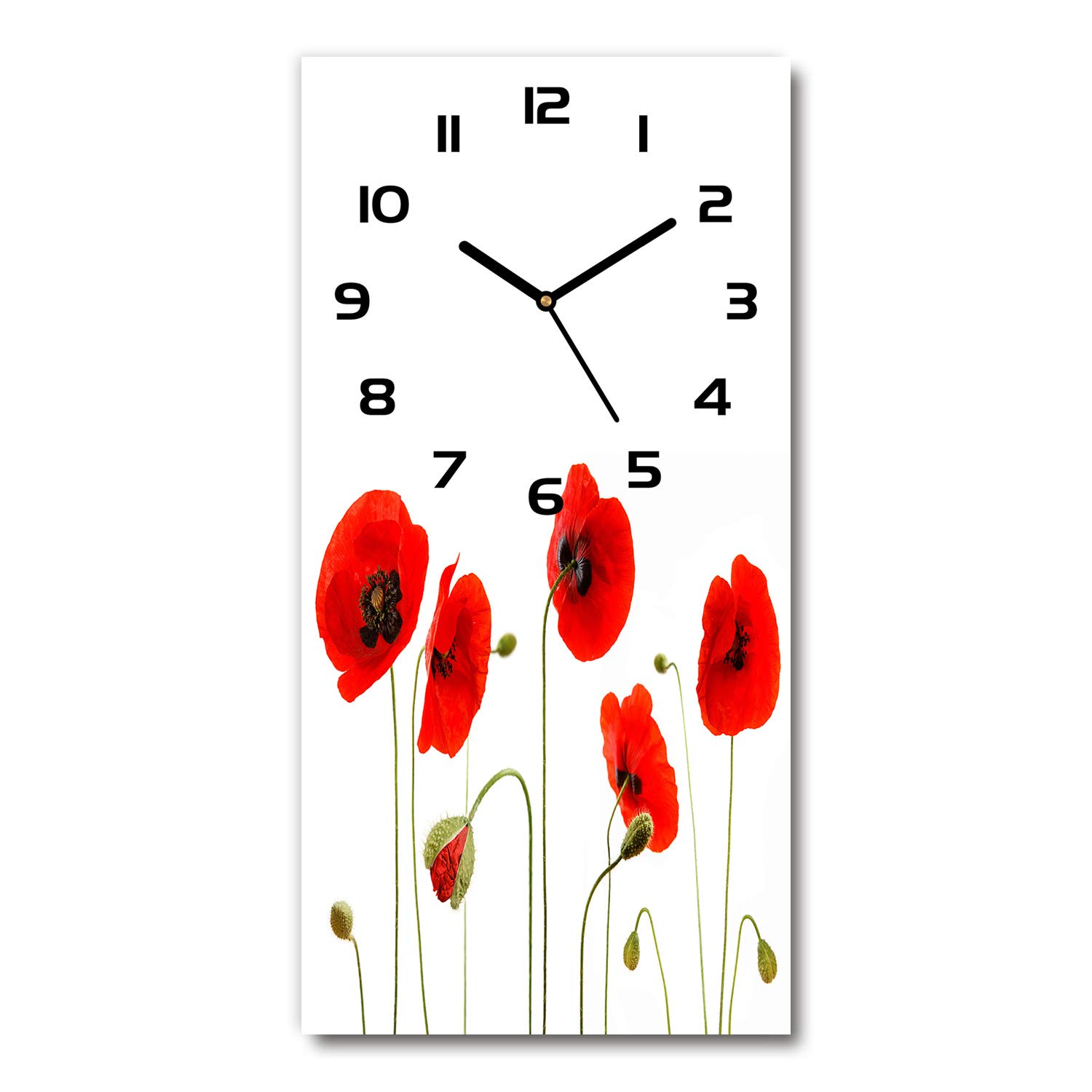 Horloge en verre salon design Tulup 30x60cm pour décorer un buffet avec des coquelicots