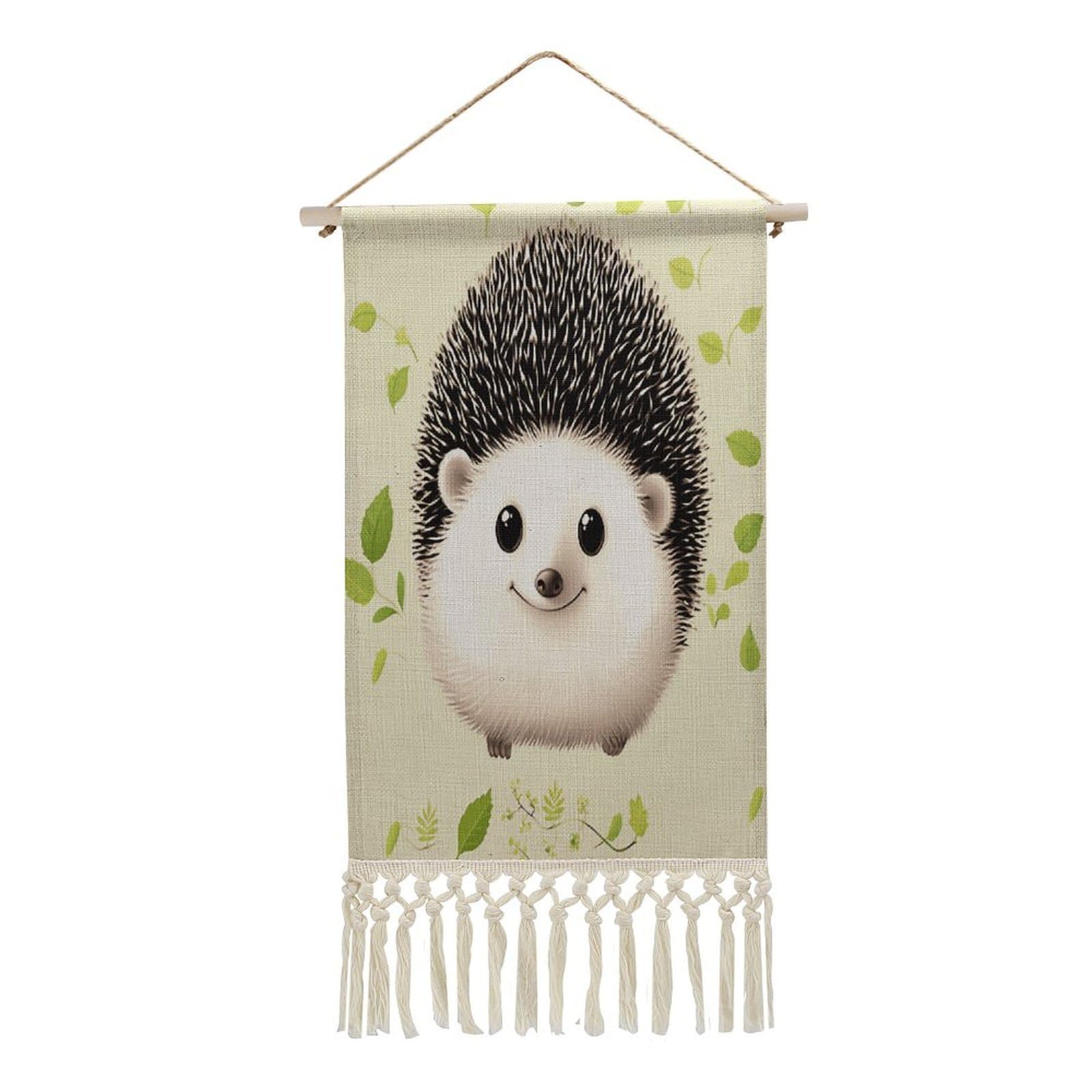 VstaDank Cute Hedgehog Wall Art Decor with Tassels 20"x10" Cotton Linen Hanging Tapestry Decor Wall Art Prints Wood Frame Boho Wall Art Poster for Bedroom Living Room Office