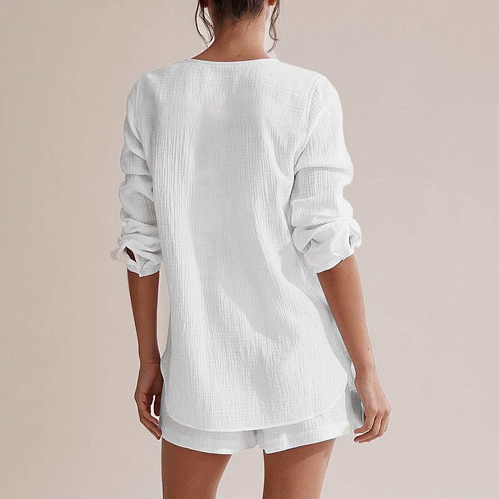 Musselin Zweiteiler Damen, Musselin Bluse und Shorts, Lounge Set Turnup Langarm Leinen Set Leichte Luftig Sportanzüge Einfarbiges Mode 2 Teiler Clothes Kleidung Casual Lose Strand Outfit Set Urlaub