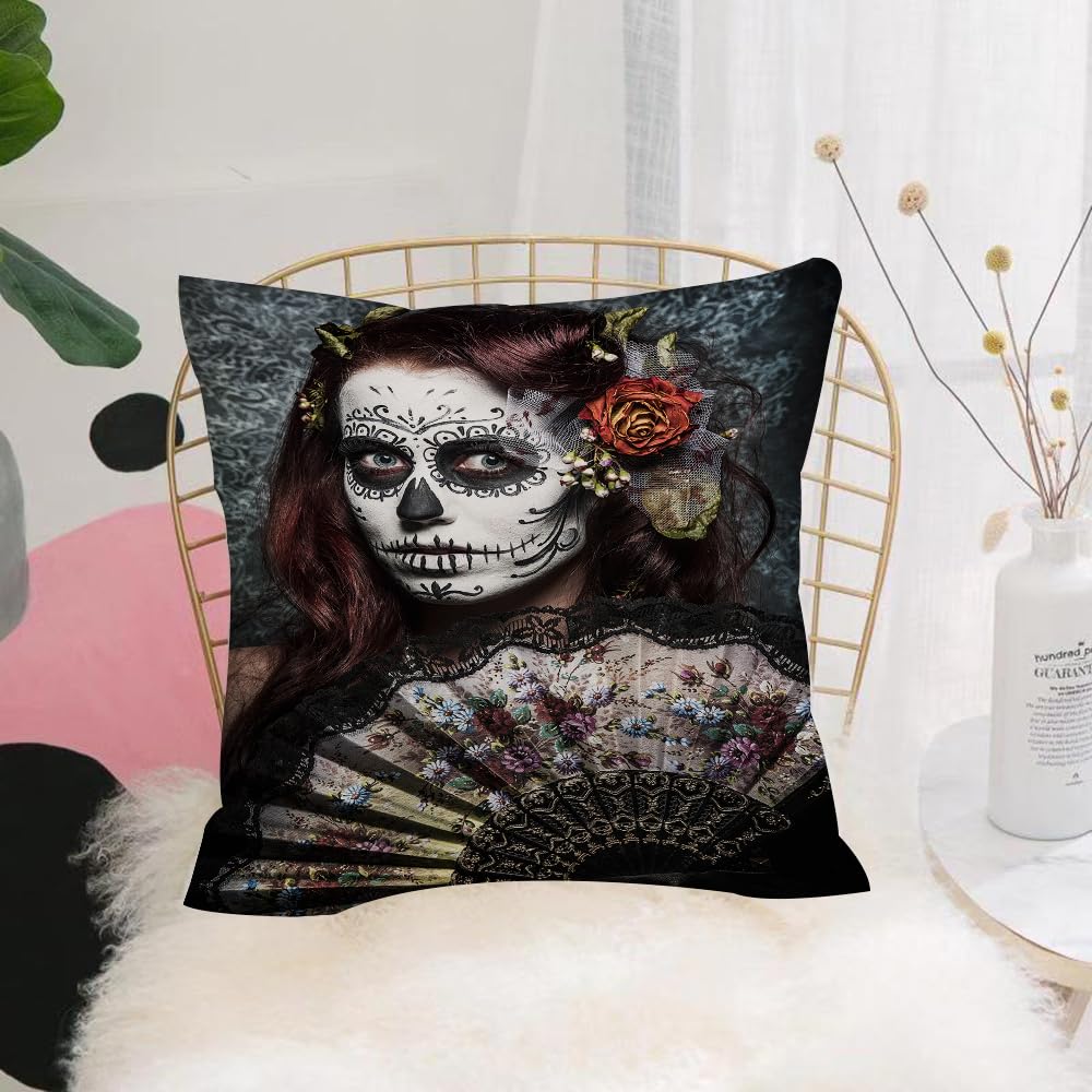 HYMSXW Cushion Cover,Throw Pillow Case Home Decorative for Living Room Bedroom Sofa Chair 20X20 Inch,Day of The Dead,Make up Artist Girl with Dead Skull Scary Mask,Pillowcase 50X50cm