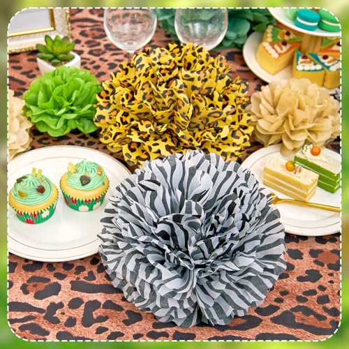 Image of Easy Joy Jungle Safari Party Tissue Pompom Wild Animal Leopard Zebra Print Decor Sage Green Paper Decoration Wall Hanging Paper Flower 12pcs for Wild Kid's Birthday Baby Shower Classroom Wall