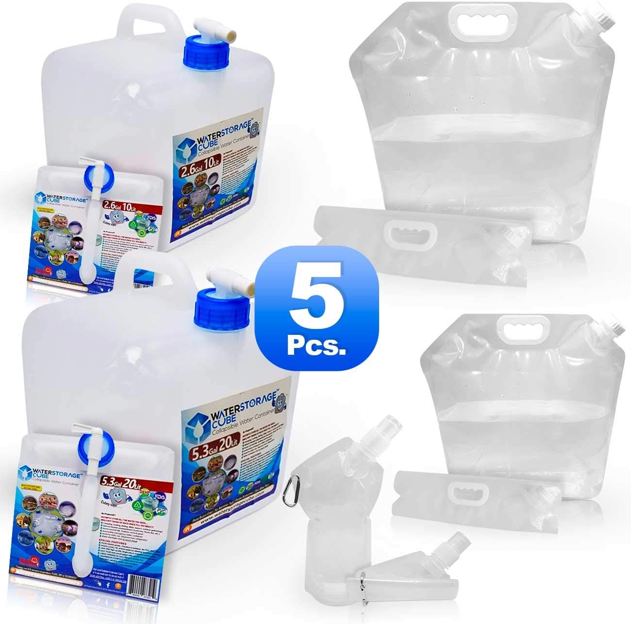WaterStorageCube Collapsible Water Containers No BPA Odorless Camping Drink Storage Carrier Bag & Jug for Outdoors Hiking Backpack Portable No-Leak Freezable (2 Cube 10L+20L, 2 Bag 5L+10L, 1 Btl 25oz)