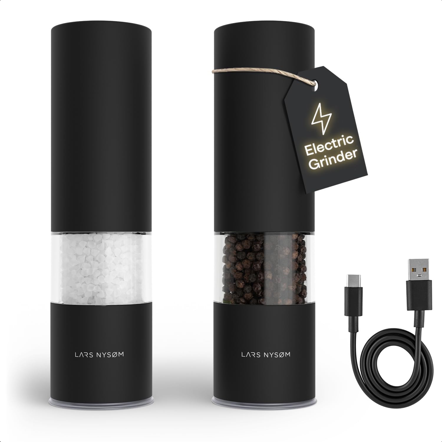 LARS NYSØM Electric Salt and Pepper Grinder Set I Automatic Salt and Pepper Mills with Adjustable Ceramic Grinder I USB Rechargeable Electric Spice Mill Set with LED Light (Carbon Black)