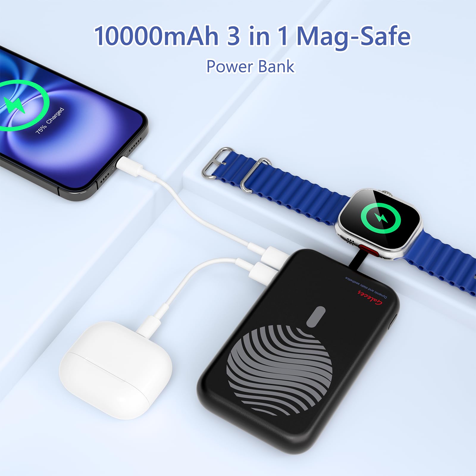 Galeces Magnetico Power Bank 10000mAh, Power Bank Magnetico Caricatore Wireless Portatile 20W Ricarica Rapida con Display LED e Supporto Pieghevole per iPhone/16/15/14/13/12/Apple Watch,nero