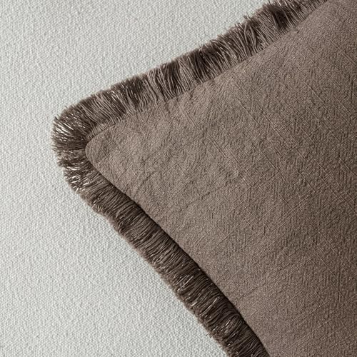 Image of MIULEE Decorative Throw Pillow Covers Neutral Linen Fringe Throw Pillows Set of 2 Natural Coffee Boho Farmhouse Cushion Covers with Tassels for Couch Sofa Bed Living Room Fall Decor 18x18 Inch
