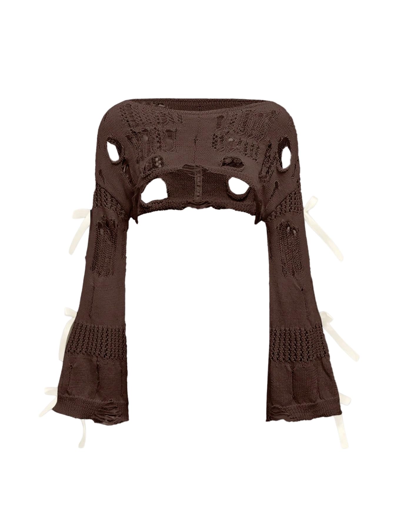 Womens Gothic Crop Top Hollow Out Ripped Bow Sweater Grunge Bell Sleeve Cropped Crochet Shrug
