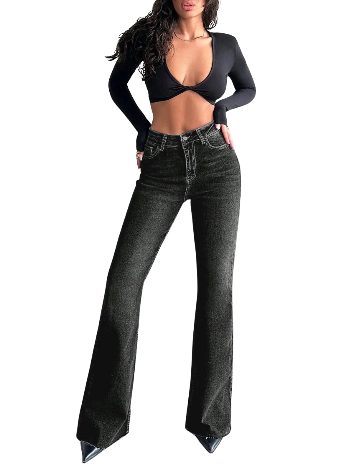 glossia Bootcut Jeans for Women High Waist Stretchable Flared Denim with Raw Cut Hem | Soft Cotton Spandex Ladies Bottom Wear (WJ-FF007-$)-picture-35