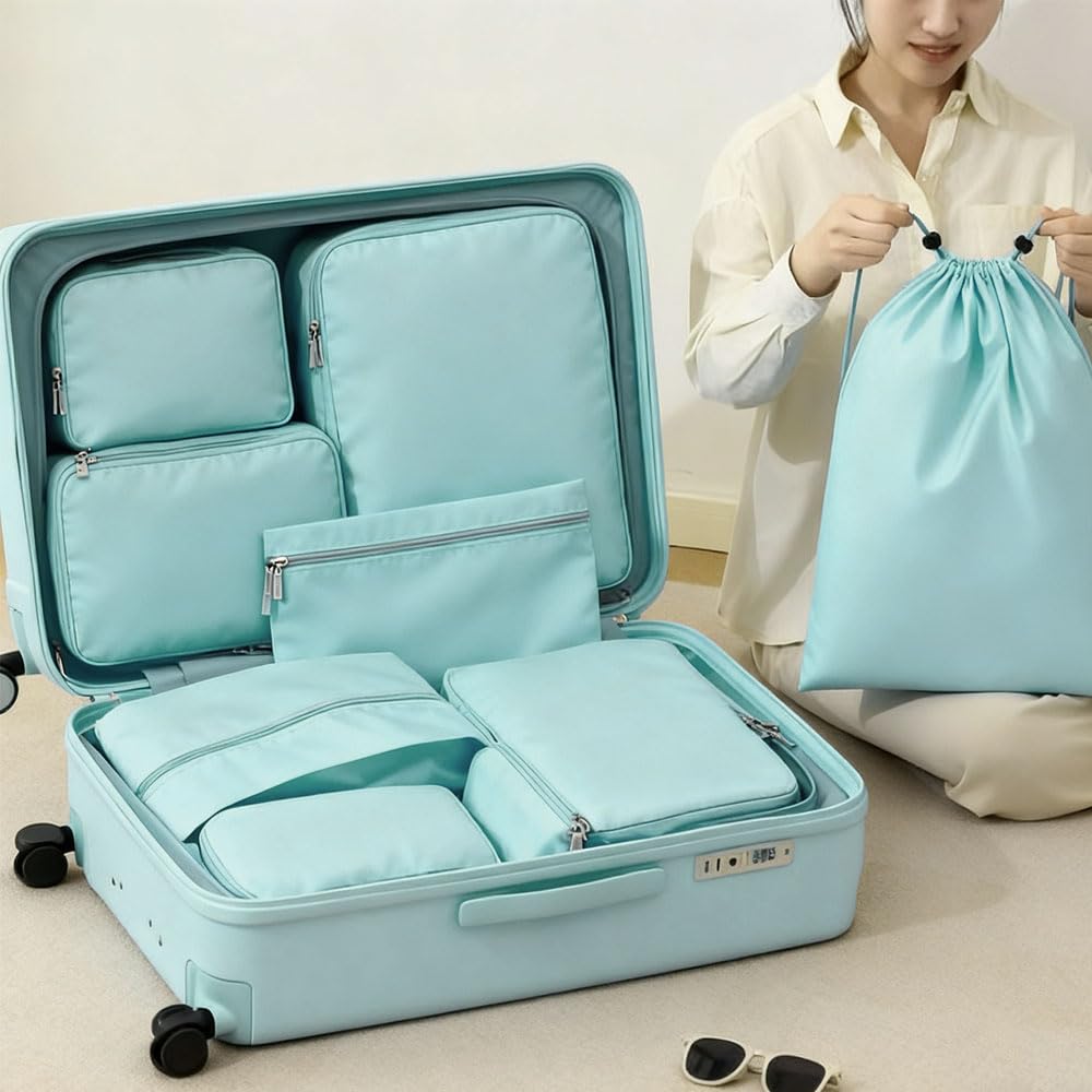 9 Pezzi di Organizer Valigia Compressione Set,Organizer da Valigia Impermeabile Salvaspazio con Doppia Cerniera, Compressione Packing Cube Ultraleggero Viaggio, per Vestiti, Scarpe - Blu