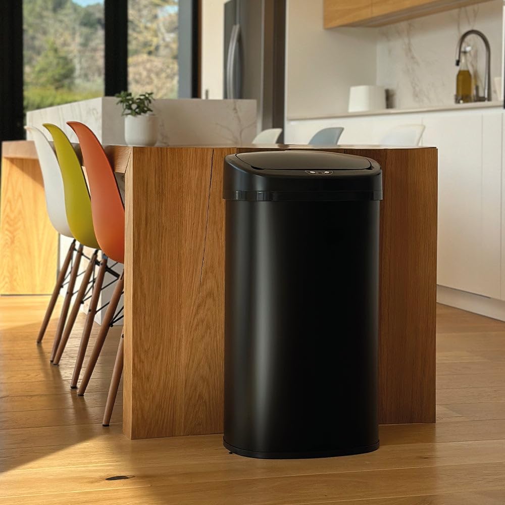 KITCHEN MOVE Poubelle de cuisine automatique 58L MAJESTIC grande capacité noir mat en acier INOX avec cerclage
