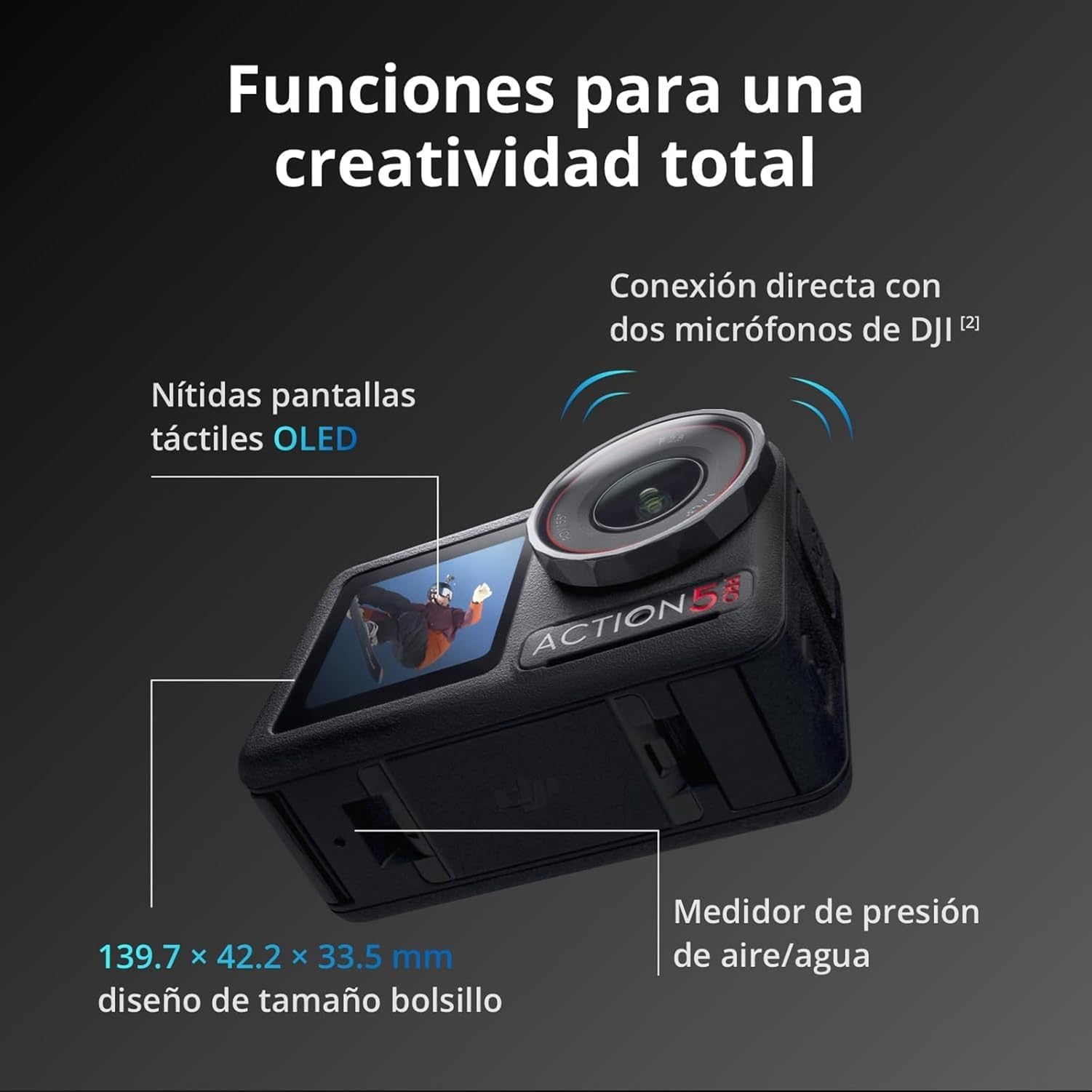 DJI Osmo Action 5 Pro Pack Estándar, cámara Deportiva, Sensor 1/1.3", vídeo 4K/120 fps, Seguimiento de Objetivos, estabilización, 2 Pantallas táctiles OLED (Standard Combo)