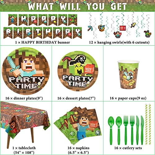 Decorlife Pixel Game Birthday Party Supplies Serves 16, Cool Gamer Party Decorations For Boys, Complete Pack Includes Tablecloth, Hanging Swirls, Total 142Pcs #TOP1