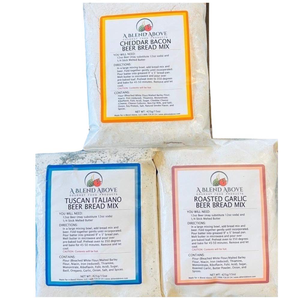 A Blend Above Beer Bread Mix Variety Pack - Cheddar Bacon, Tuscan Italiano, and Roasted Garlic - 3 Pack