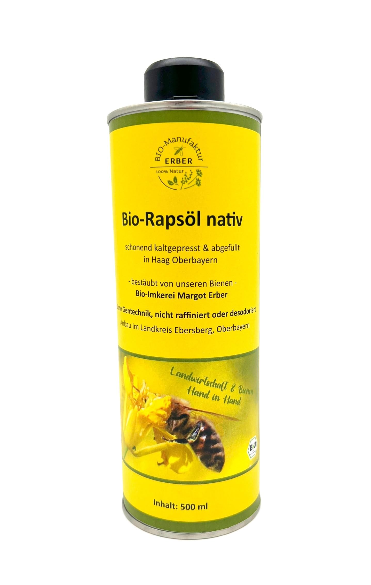 Bio-Rapsöl EU Organic für vegane und glutenfreie Ernährung, kaltgepresst, 500 ml, Naturland Landwirtschaft