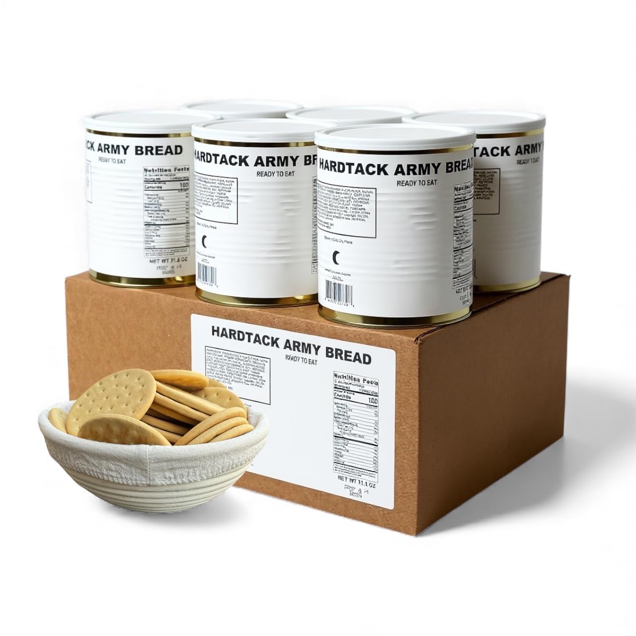 Military Surplus Freeze-Dried Hardtack Army Bread – 34 to 36 Hardtacks per Can (31.5 oz) – Ready to Eat – #10 Can – Long-Term Emergency Survival Food – 30+ Year Shelf Life – Made in USA – Ideal for Camping & Prepping Pack of 6