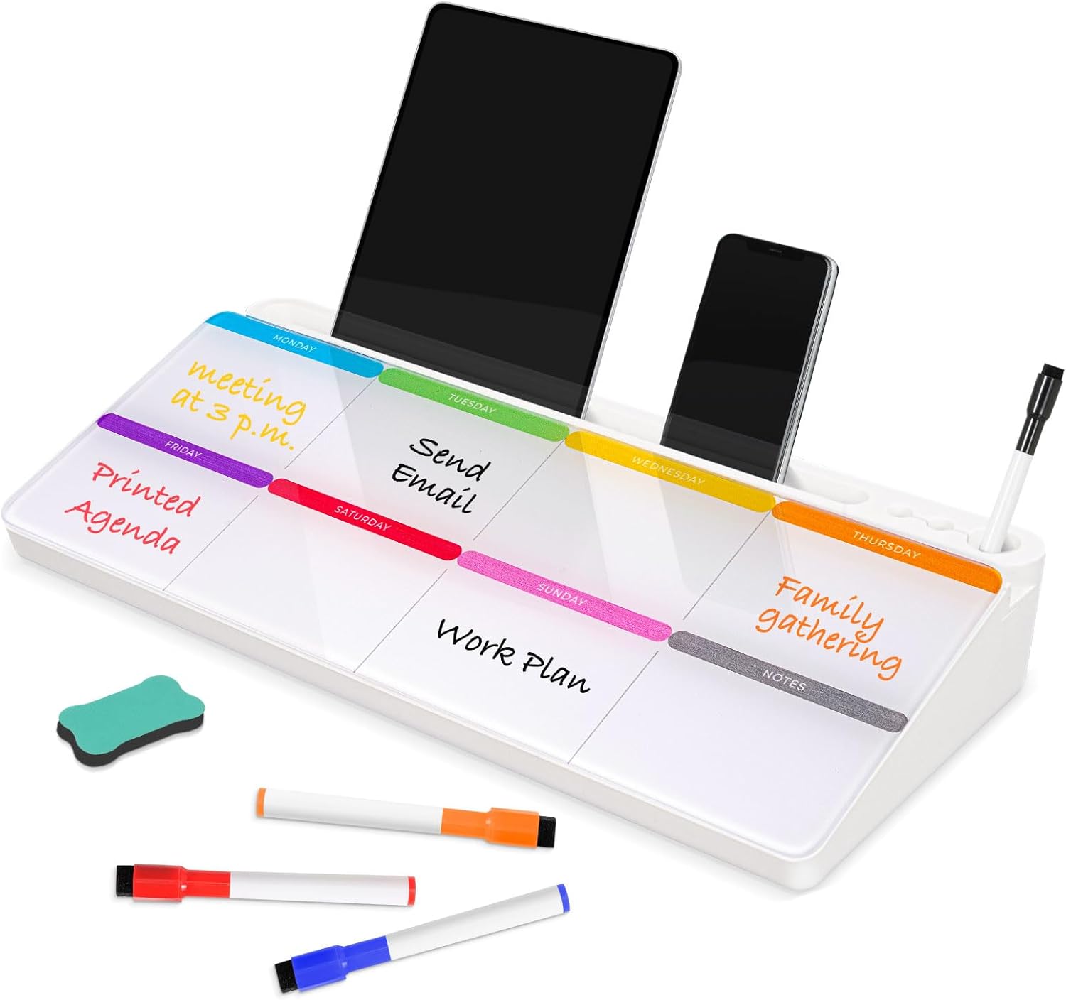 DOLLAR BOSS Glass Desk Whiteboard Calendar Small Dry Erase Board Desktop White Board with Storage Drawer Computer Keyboard Stand Desk Organizer, Colorful Weekly Calendar, White