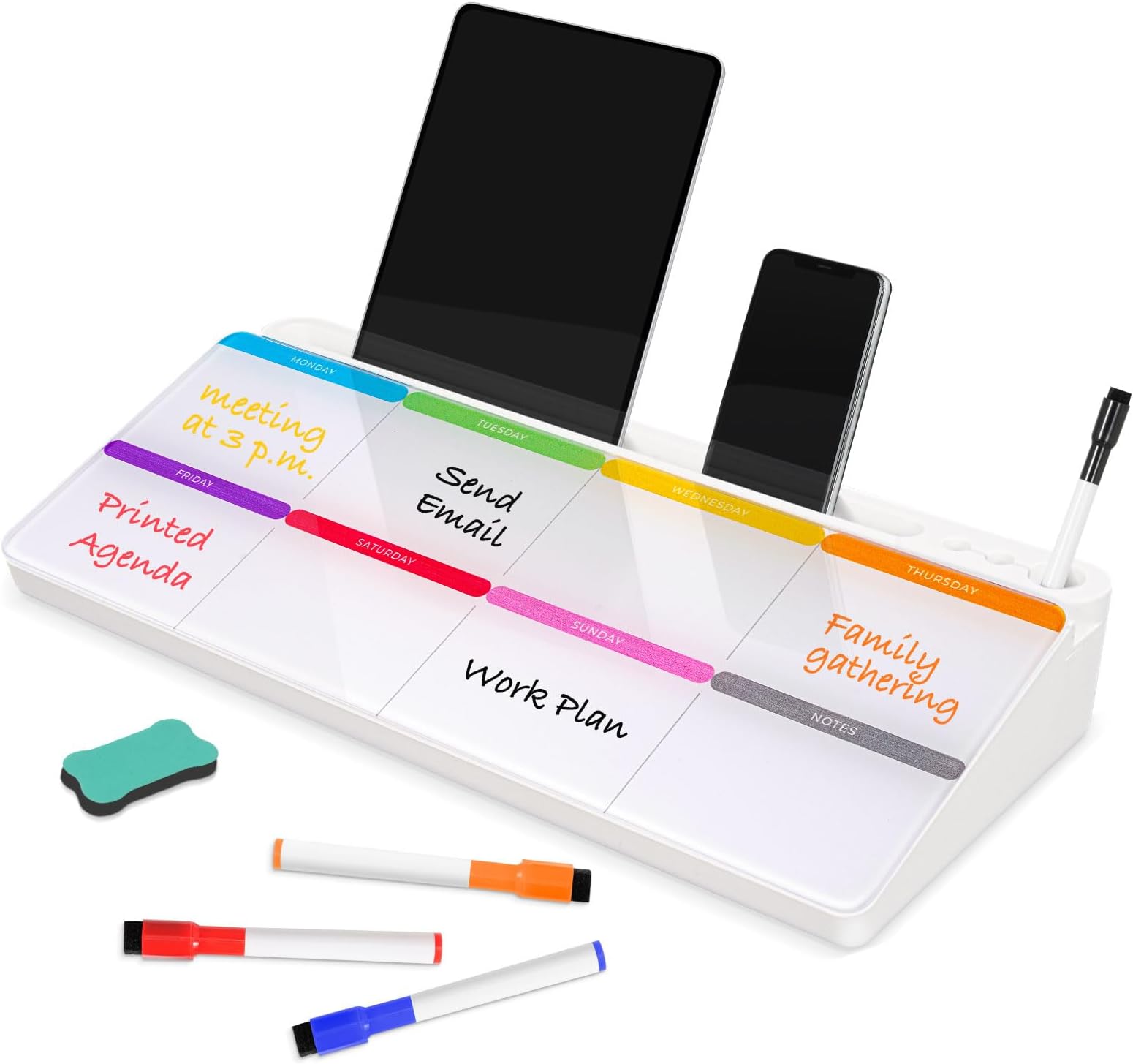 DOLLAR BOSS Glass Desk Whiteboard Calendar Small Dry Erase Board Desktop White Board with Storage Drawer Computer Keyboard Stand Desk Organizer, Colorful Weekly Calendar, White
